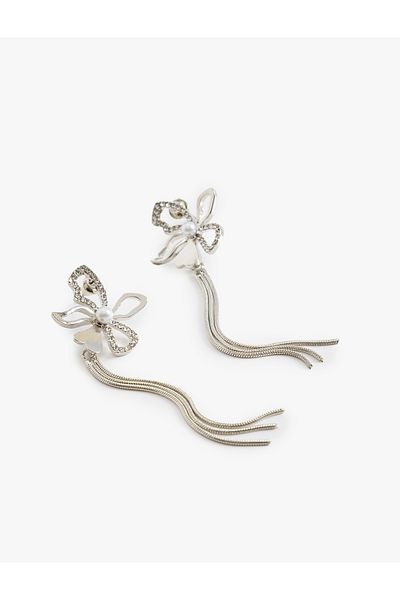 Koton Stone and Pearl Detailed Steel Mixed Chain Flower Earrings