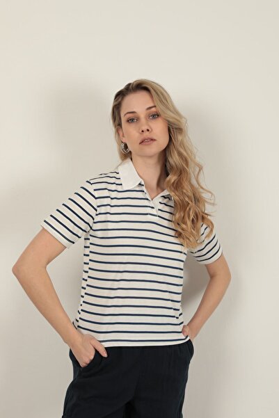 Lukas Single Jersey Fabric Striped Women's T-Shirt-Navy Blue