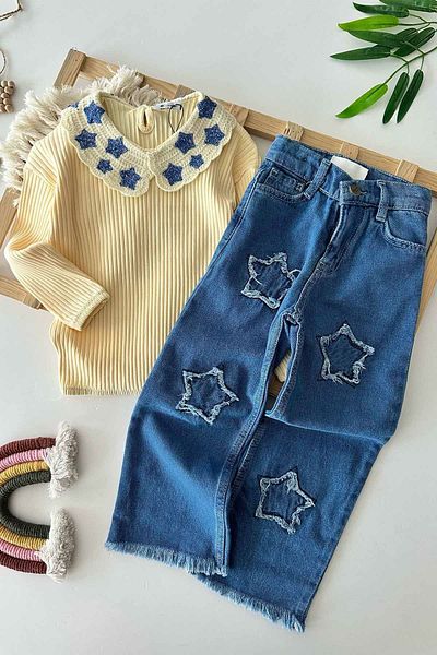 Minigimin Cicileri Star Collar Patterned Jeans - Girl's 2-Piece Set Light Yellow