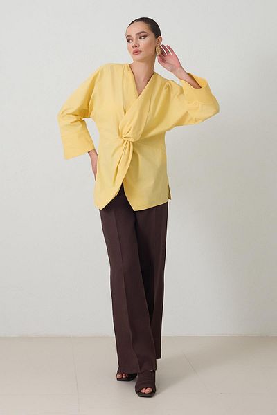 Setre Butter Yellow V-Neck Drawstring Detailed Cotton Shirt