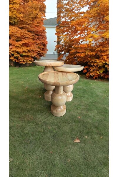 Simillo Home&Living Wood Ahşap 3’lü Set Fitilli Mantar Yan Sehpa Modern Fisko...