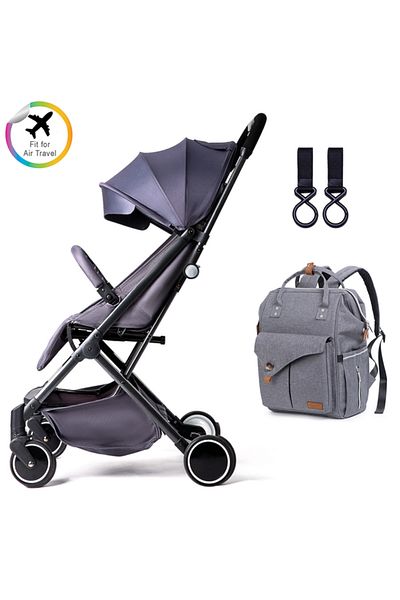 TEKNUM Teknum Grey Travel Lite Stroller + Alameda Diaper Backpack-Large-Grey with Hooks