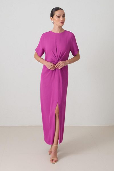 Setre Fuchsia Waist Drawstring Detail Crew Neck Short Sleeve Long Dress
