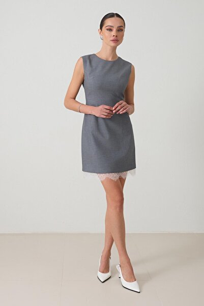 Setre Gray Crew Neck Sleeveless Sitting Waist Lace Detail Dress