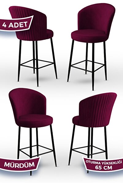 Canisa Alte Serisi 4 Adet Mürdüm Sandalye 65 Cm Ada Mutfak Bar Sandalyesi Babyface Kumaş Siyah Metal Ayak