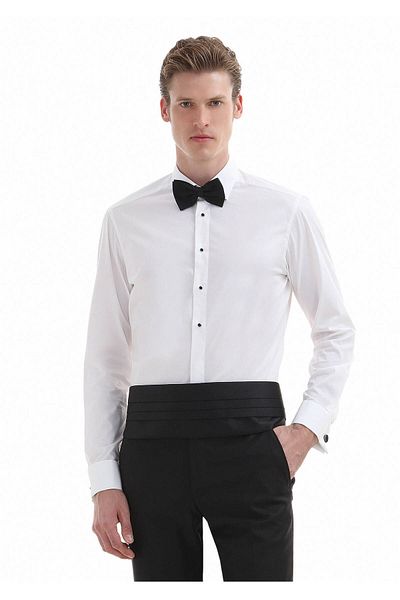 Ramsey Weißes, schlichtes Slim Fit Smokinghemd mit Doppelmanschette und klassischem Kragen