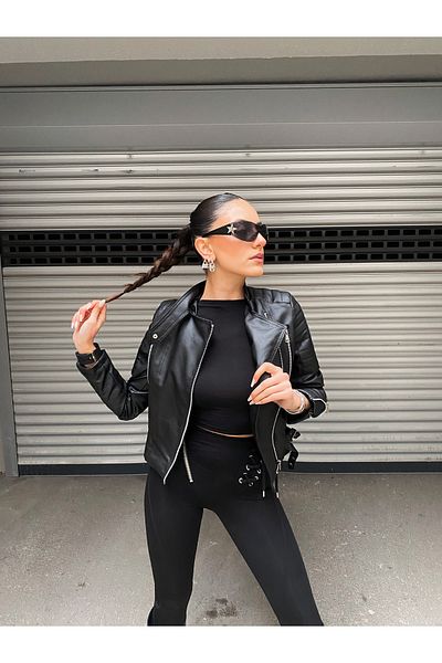 MEECY Fekete női motoros bőrkabát