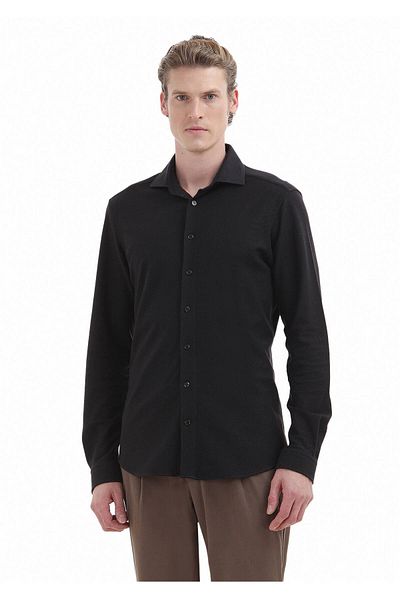 Ramsey Schwarzes, schlichtes Slim Fit Strick-Freizeithemd aus 100 % Baumwolle