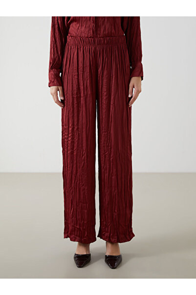LC Waikiki Burgundy Wide Leg Women's Trousers with Elastic Waist