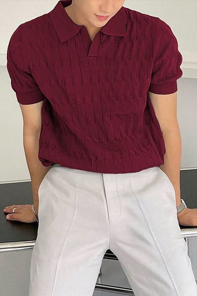 COOL TARZ Men's Burgundy Thin Hair Braided Slim Fit Polo Neck Knitwear T-Shirt