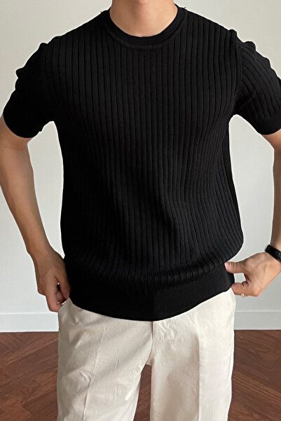 COOL TARZ Men's Black Ribbed Slim Fit Crew Neck Knitwear T-Shirt