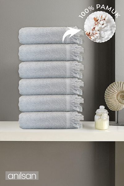 Anılsan Set of 6 Gray Jelena Hand Towels - 50X90 Cm, 225 Gr, 100% Cotton, Spa and Hotel Towels, Suitable for Daily Use