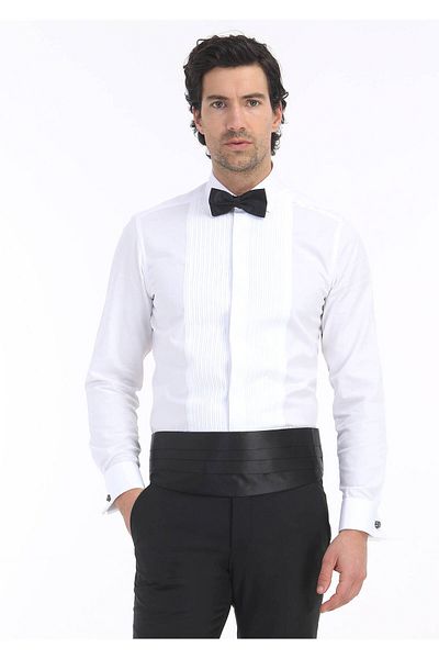 Ramsey Weißes, schlichtes Slim Fit Smokinghemd mit Doppelmanschette und klassischem Kragen