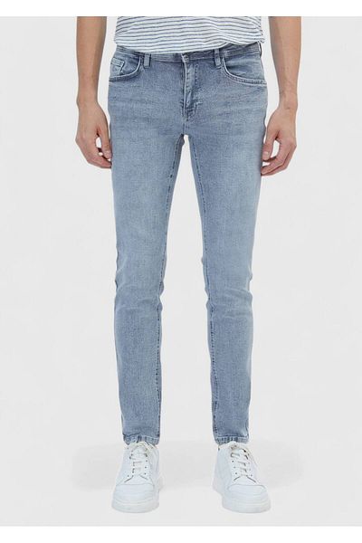 Ramsey Blaue, gerade, schmal geschnittene Denim-Baumwollmischungshose