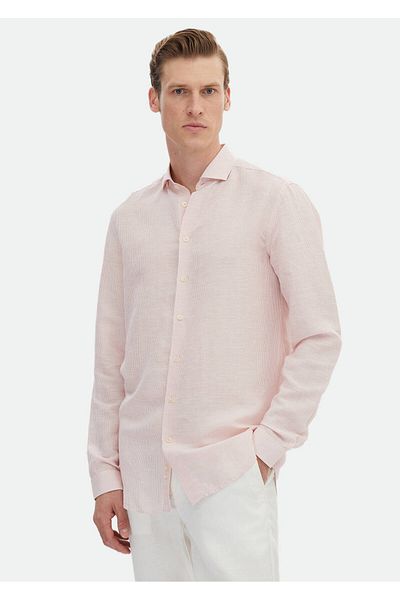 Ramsey Rosa gestreiftes Regular Fit-Hemd aus gewebtem Leinengemisch