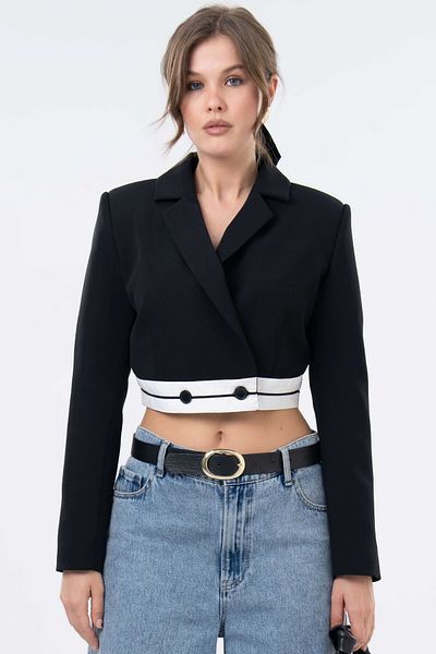 Saade Black Garni Detailed Double Breasted Crop Blazer Woven Jacket