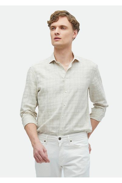 Ramsey Beiges bedrucktes, lässiges Webhemd aus 100 % Leinen im Regular Fit