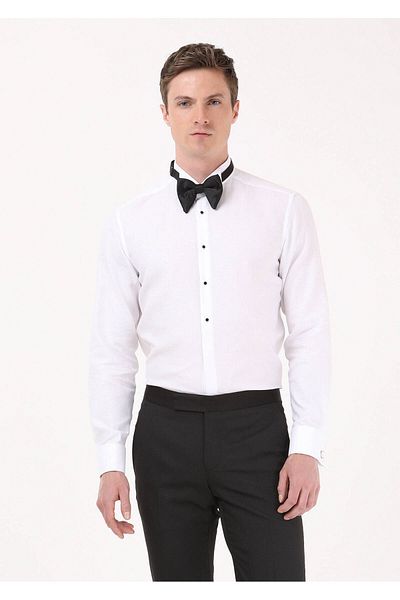 Ramsey Weißes, schlichtes Slim Fit Smokinghemd mit Kläppchenkragen und Doppelmanschette