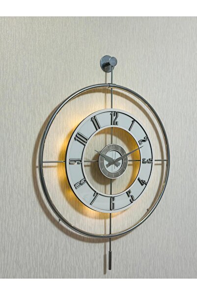 Pey Aksesuar Metal Camlı Duvar Saati KROM TOZ BOYA 60x80cm Büyük Boy Işıklı Gerçek Cam Duvar Saati Modern Tasarım