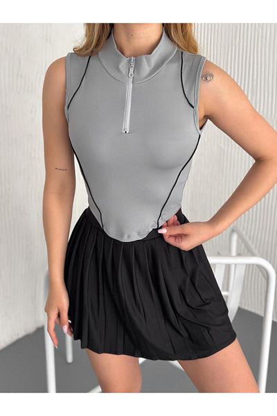 Touz Moda Y2K Sleeveless Piping Asymmetrical Cut Crop Blouse