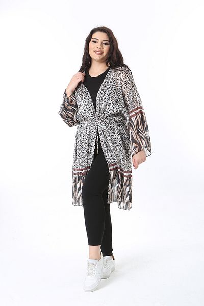 Şans Women's Plus Size Color Waist Lace-Up Silvery Chiffon Cardigan 65N38769