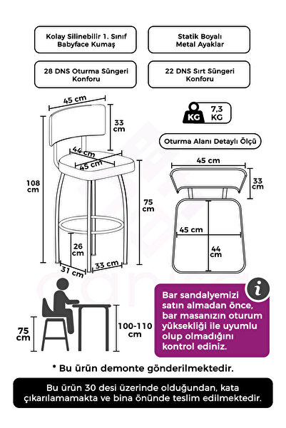 Canisa Wosa Serisi 1 Adet Gri Sandalye Yemek Odası Bar Sandalyesi, Babyface Kumaş Beyaz Metal Ayak