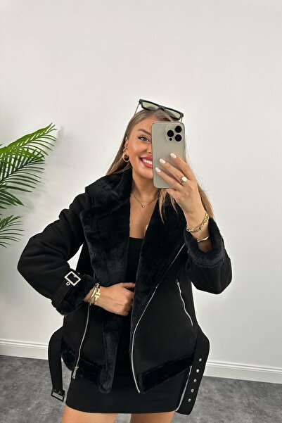 VESS MODA Dámský semišový motorkářský kabát z hedvábné kožešiny