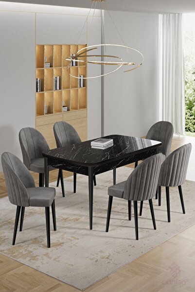 Canisa Enya Serisi 80x132 Açılabilir Siyah Mermer Desen Masa Takımı ve 6 Gri Sandalye