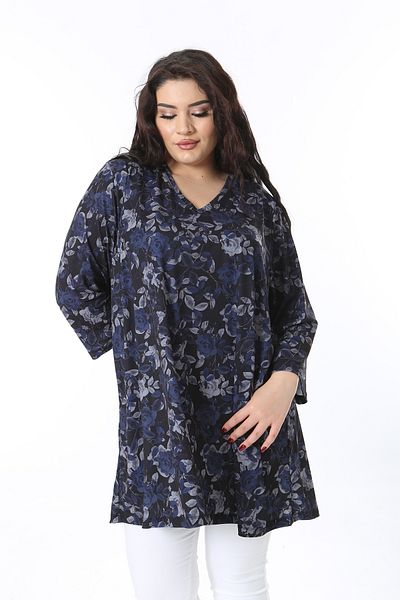 Şans Women's Plus Size Navy Blue V-Neckline Relaxed Fit Capri Sleeve Tunic Dress 65N38770