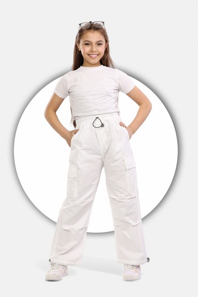 ModiClas Paraşüt Kumaş-%100 Pamuk-Lastikli Stoperli- Kargo Cepli-Diz Katlama Detaylı-Kız Çocuk Pantolonu