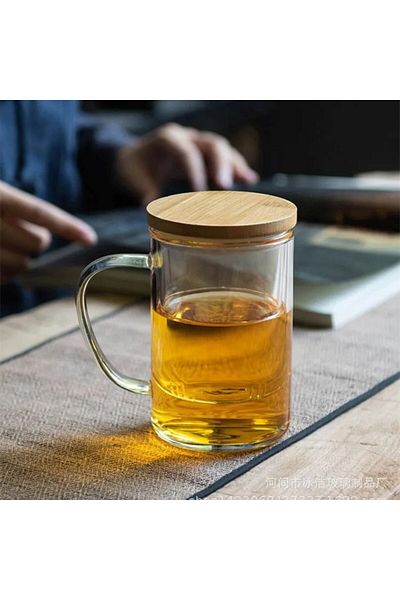 Qerhome 350 ml Capacity Bamboo Camping Borosilicate Glass Mug with Strainer - Long