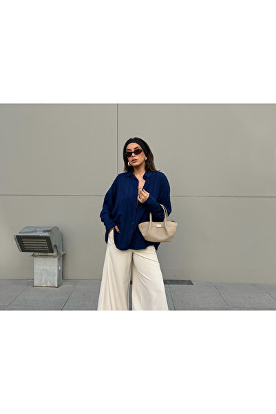 minaaise Lacivert Oversize Geniş Manşetli Kadın Gömlek 27384