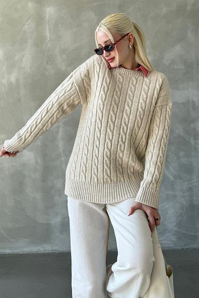 Madmext Ecru Crew Neck Braided Knitwear Sweater Mg2336