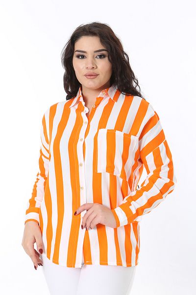 Şans Women's Plus Size Orange Front Button Cuffed Long Sleeve Striped Blouse 65N38751