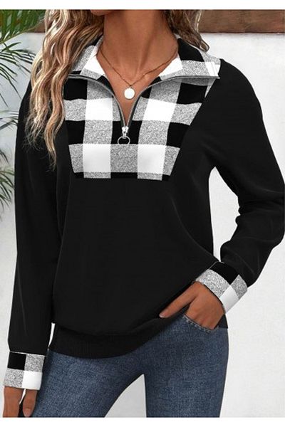 Little Visqon Women's Long Sleeve Neckline Front Zip Plaid Detail Viscose Two Thread Blouse