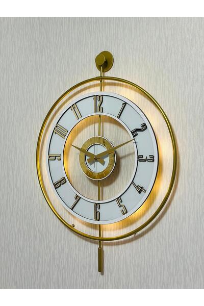 Pey Aksesuar Metal Camlı Duvar Saati 50 X 70 Cm Orta Boy Işıklı Gerçek Cam M51-gold-şeffaf-beyaz-gold