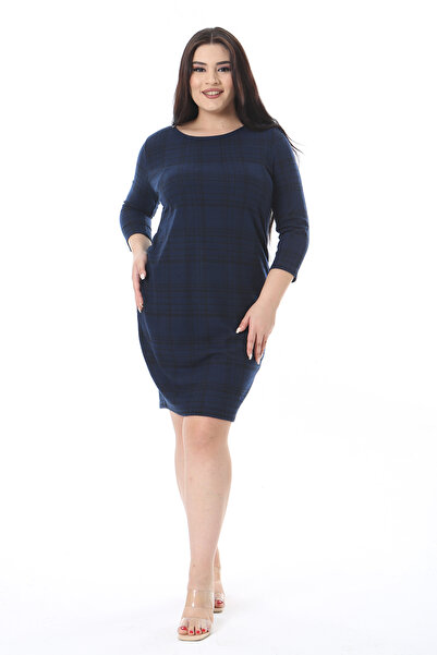 Şans Жіноче велике розмір темно-синє сукня з картатим візерунком і завуженою талією 65N38774