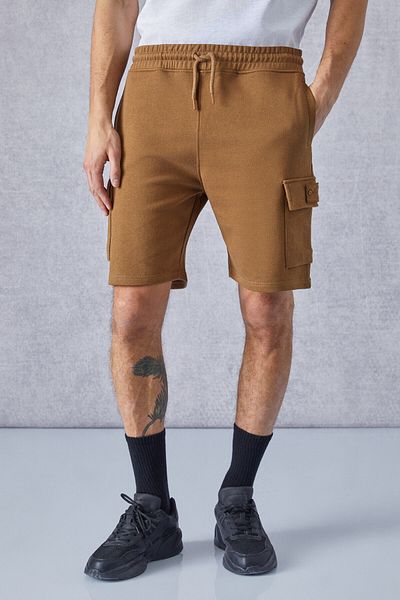GRIMELANGE Cervino Men's Elastic Waist Embroidery Detailed Cargo Pocket Comfort Dark Brown Shorts