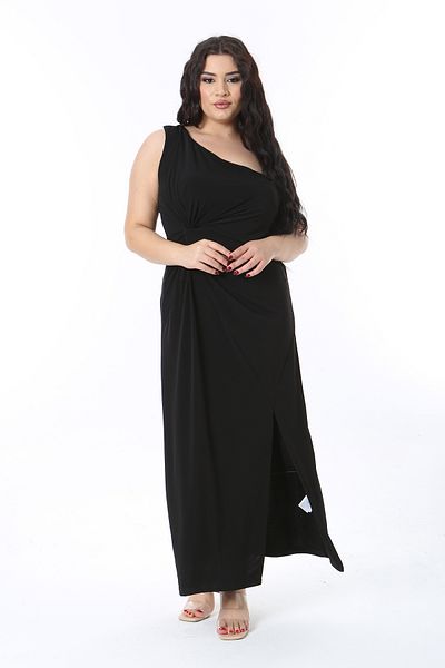 Şans Women's Plus Size Black One Shoulder Waist and Slit Detail Jersey Dress 65N38776