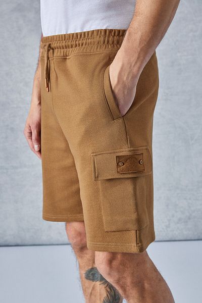 GRIMELANGE Cervino Men's Elastic Waist Embroidery Detailed Cargo Pocket Comfort Dark Brown Shorts