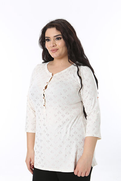 Şans Women's Plus Size Bone Front Placket Metal Button Capri Sleeve Lacquer Printed Blouse 65N38758