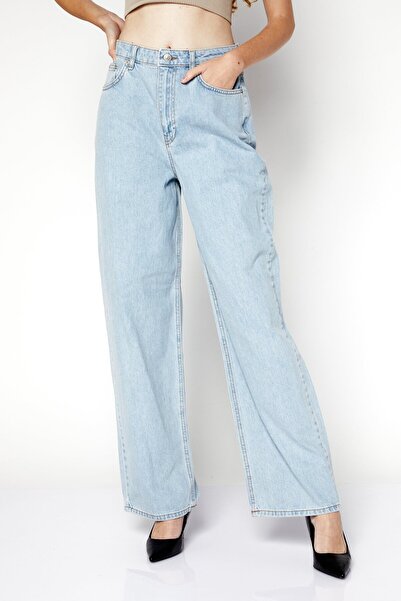 NA-KD Women Regular Fit High Waist Wide Leg Denim Jean, Light Blue