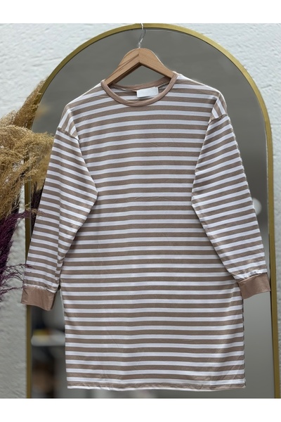 Ebrar Store Μπεζ Nihal ριγέ λεπτό τουνίκ - NA674