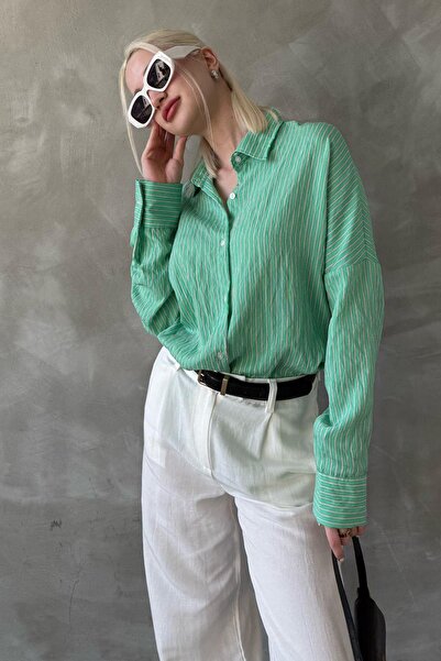 Madmext Yeşil Çizgili Oversize Kadın Gömlek Mg2327