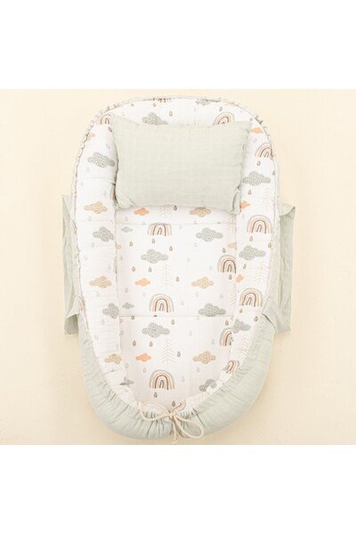 Yunikobaby Double Sided Light Green Muslin Babynest and Pillow - Green Rainbow