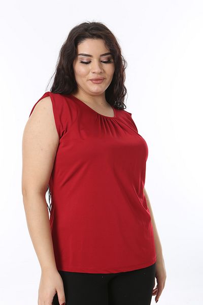 Şans Women's Plus Size Burgundy Neckline Gathered Sleeveless Jersey Blouse 65N38752