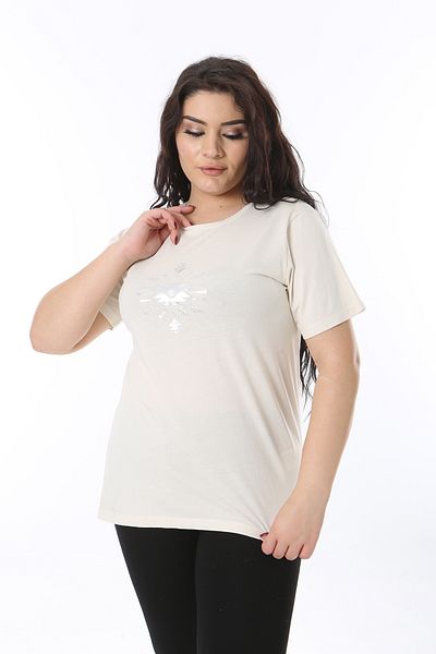 Şans Women's Plus Size Beige Cotton Fabric Lacquer Printed Crew Neck Short Sleeve Blouse 65N38755