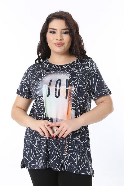Şans Women's Plus Size Navy Blue Crew Neck Short Sleeve Blouse 65N38766