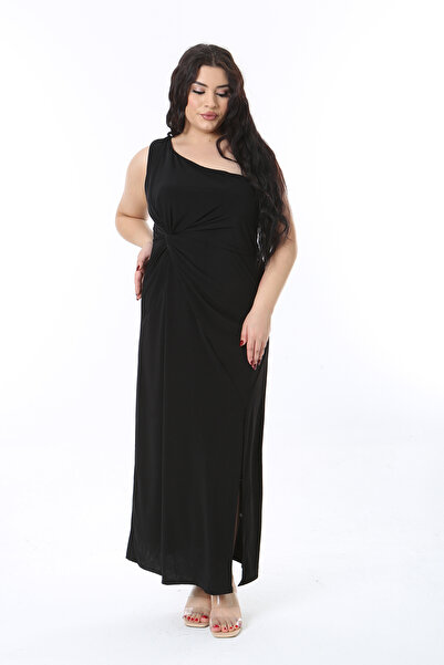 Şans Women's Plus Size Black One Shoulder Waist and Slit Detail Jersey Dress 65N38776
