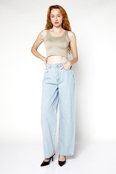 NA-KD Women Regular Fit High Waist Wide Leg Denim Jean, Light Blue